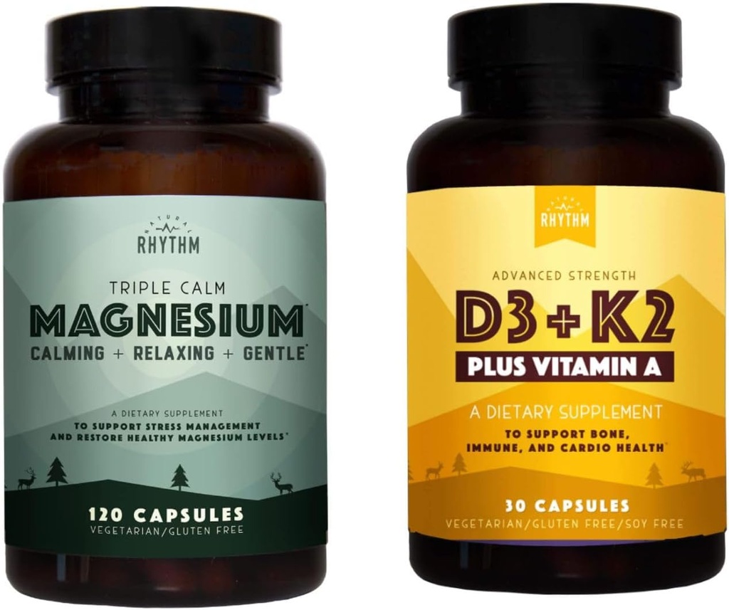 Luonnollinen rytmi Triple Calm Magnesium 150 mg - 120 kapselia Magnesium Complex Complex Supplement W/Luonnollinen rytmi D3-vitamiini + K2 (MK7) Plus A-vitamiini, Bone, Heart, & Immunoterveys, 30 kapselia