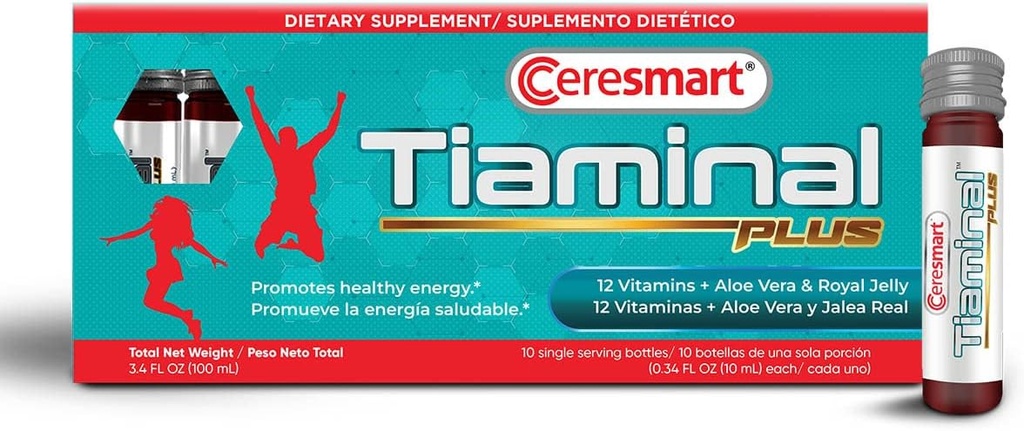 Ceresmart Tiaminal Plus Multivitamin för kvinnor och män - 10 x Single Serving Vials Liquid Multivitamins Dietary Supplement - Energy Boost Vitamin Supplements with Aloe Vera, Royal Jelly