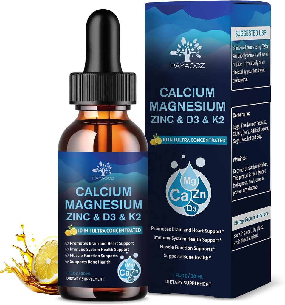 (4 Pack) 10 i 1 Calcium Magnesium Zink Supplement, Magnesium Glycinate Complex Liquid Drops med vitamin D3 K2 B6, Vegan Calcium Citrate Bone & Immune Health Support, Sleep & Cramps, Boron, 1 Fl Oz