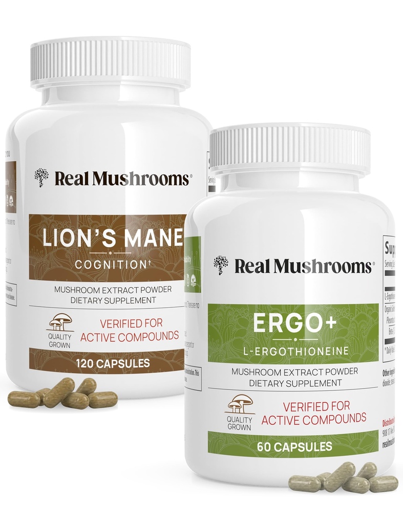 Ergotioneiini (60ct) ja Lions Mane (120ct) Bundle Shiitake- ja Oyster Mushroom -uutteet - pitkäikäisyys ja kognitio - Vegaani, gluteeniton, ei GMO:eja