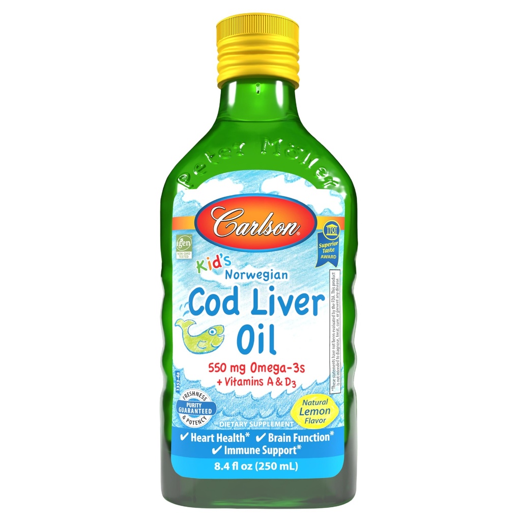 Carlson - Kid's Cod Liver Oil, 550 mg Omega-3s, A & D3, Wild Norwegian, Lemon, 250 ml
