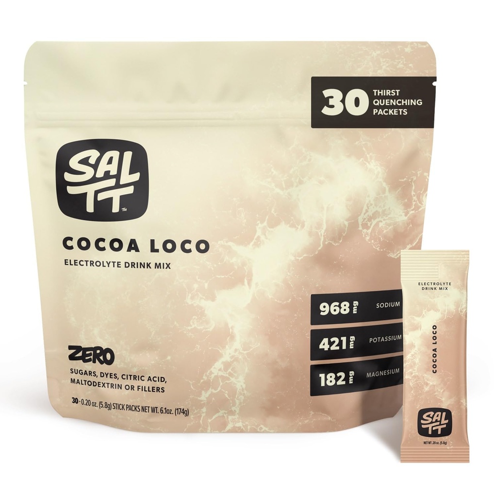 SALTT Electrolytes Powder smaksatt dricka Mix - Cocoa Loco - 30 Hydration Packets - Magnesium, kalium, natrium, spårmineraler - Zero Sugar & Gluten Free - Travel Essentials