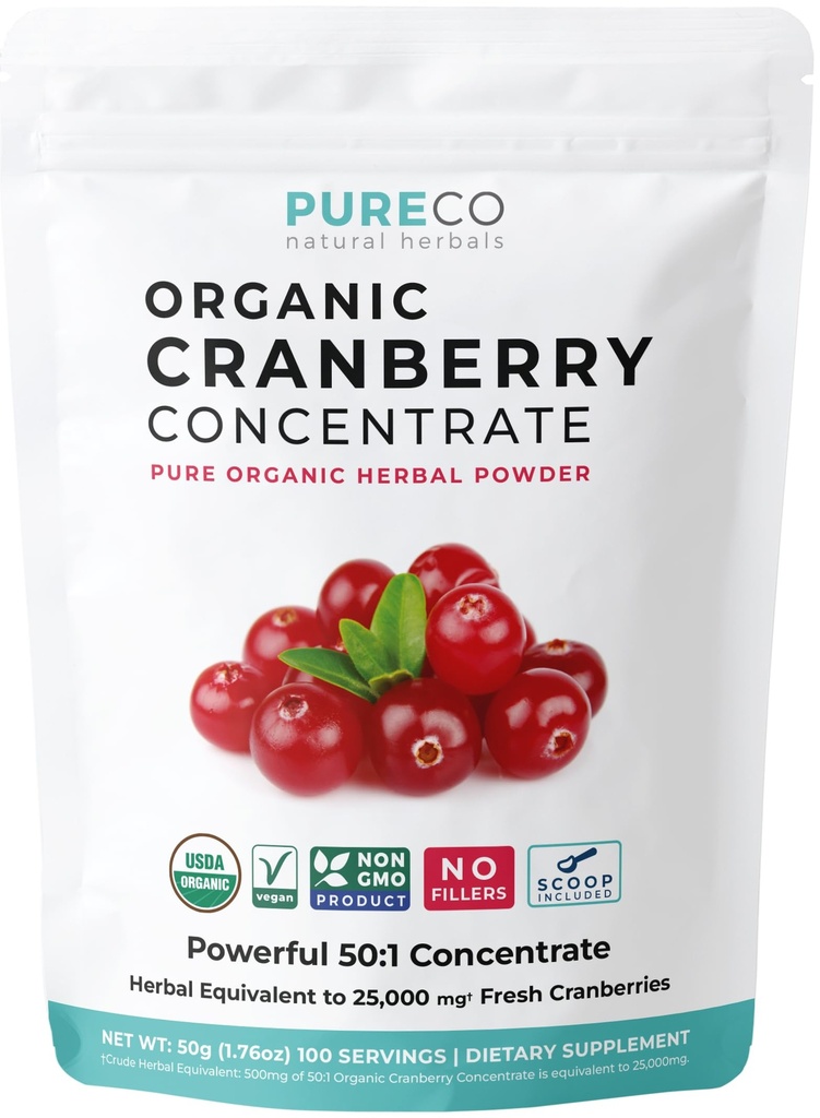 USDA Organic Cranberry Concentrate (50:1) Jauhe - 500 mg vastaa 25,000mg tuoreita karpaloja - munuaispuhdistus- ja UTI-tuki vitamiineja - naiset - täydennys - 100 tarjoilua - ei pillereitä