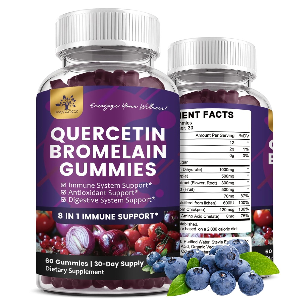 (2 pakkaus) Quercetin Gummies, jossa on bromelaiinia Sinkki- Elderberry C-vitamiini D3 K2, Quercetin 1000 mg, lisänä bromelain 500 mg, sydän- ja verisuonitauti, immuunijärjestelmä ja allergia, vegaaninen Gummy for Adult & Kid
