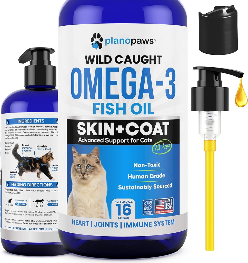 Omega 3 Fiskolja för katter - Bättre än laxolja för katter - Kattungen + Cat Vitaminer och tillskott - Cat Health Supplies - Cat Dandruff Behandling - Liquid Fish Oil för husdjur - Cat Shedding Products