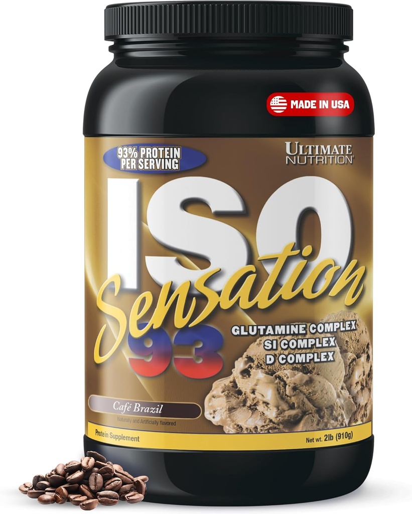 Ultimate Nutrition Whey Protein Isolate Powder med Glutamine Complex, ISO Sensation 93 - Whey Protein Powder med extra Colostrum för förbättrad återhämtning, immunitet & Gut Health - Cafe Brasilien, 2lbs
