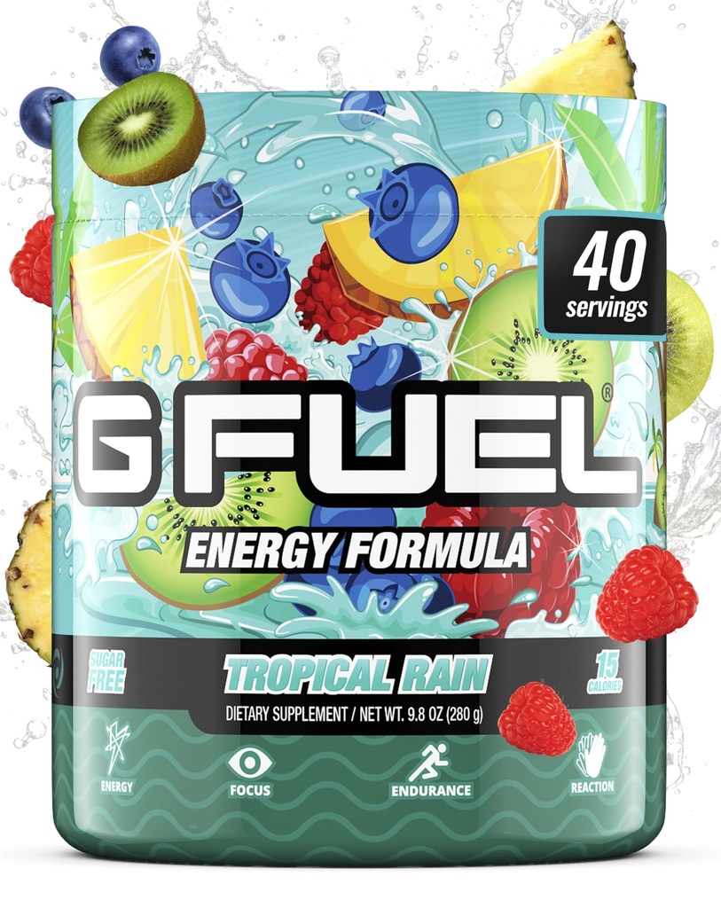 G Fuel Tropical Rain Energy Drink Powder, Pre Treeni kofeiini Mix pelaamista, sokeriton Focus Amino, vitamiini + antioksidantteja, 9.8oz (Fruit Medley, 40 tarjoilua)