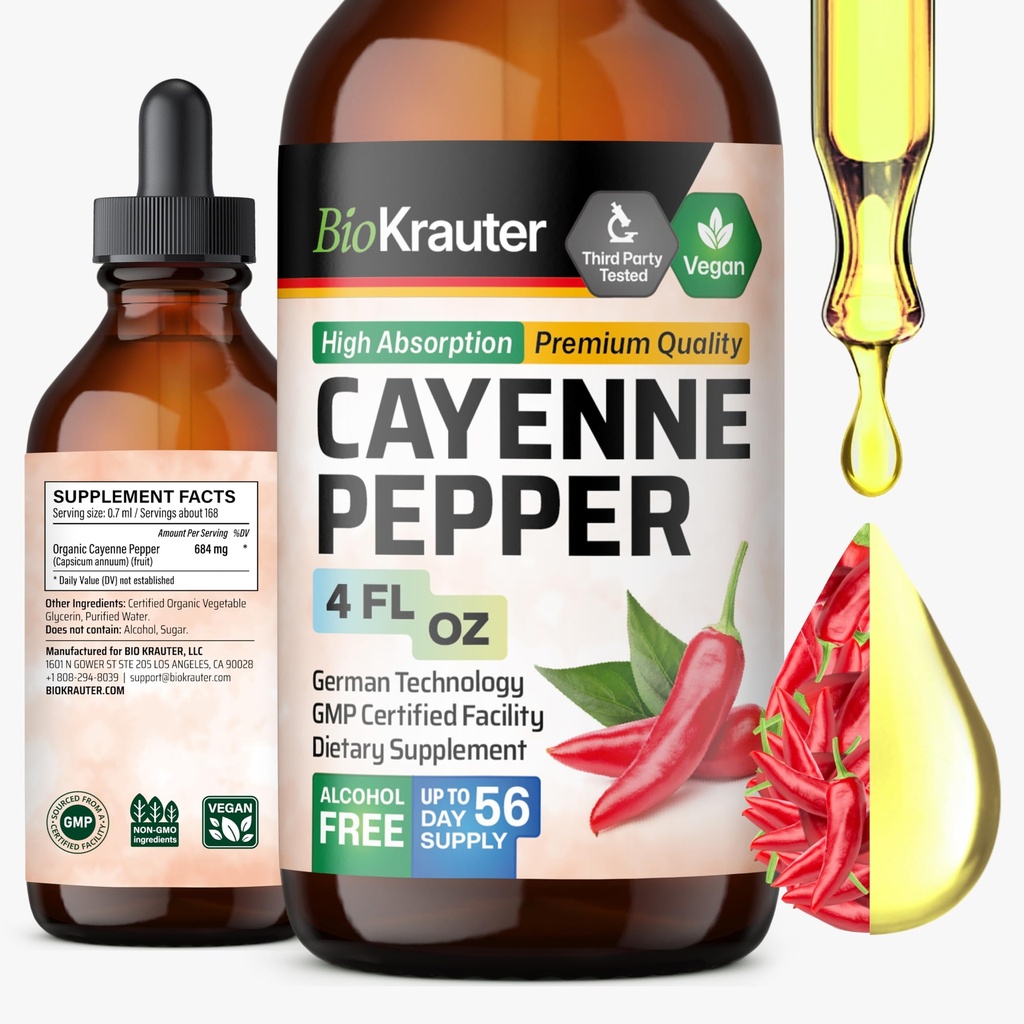 BIO KRAUTER Cayenne Pepper Extract Liquid - Pure Capsaicin Extract - Liquid Cayenne Pepper Drops for Divegestive Support - Sokeri & Alkoholiton 4 Fl.Oz.