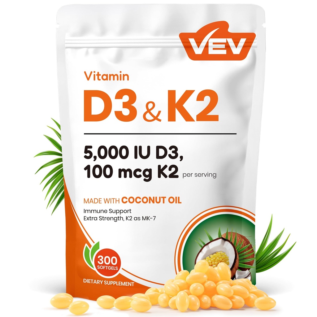VEV Corefeel Vitamin D3 K2, 5000 IE D3 100mcg K2 (MK 7), 300 Softgels, 2-i-1 Vitamin D & K Supplement med kokosolja, Stöder Calcium Absorption och benhälsa, Lätt att svälja