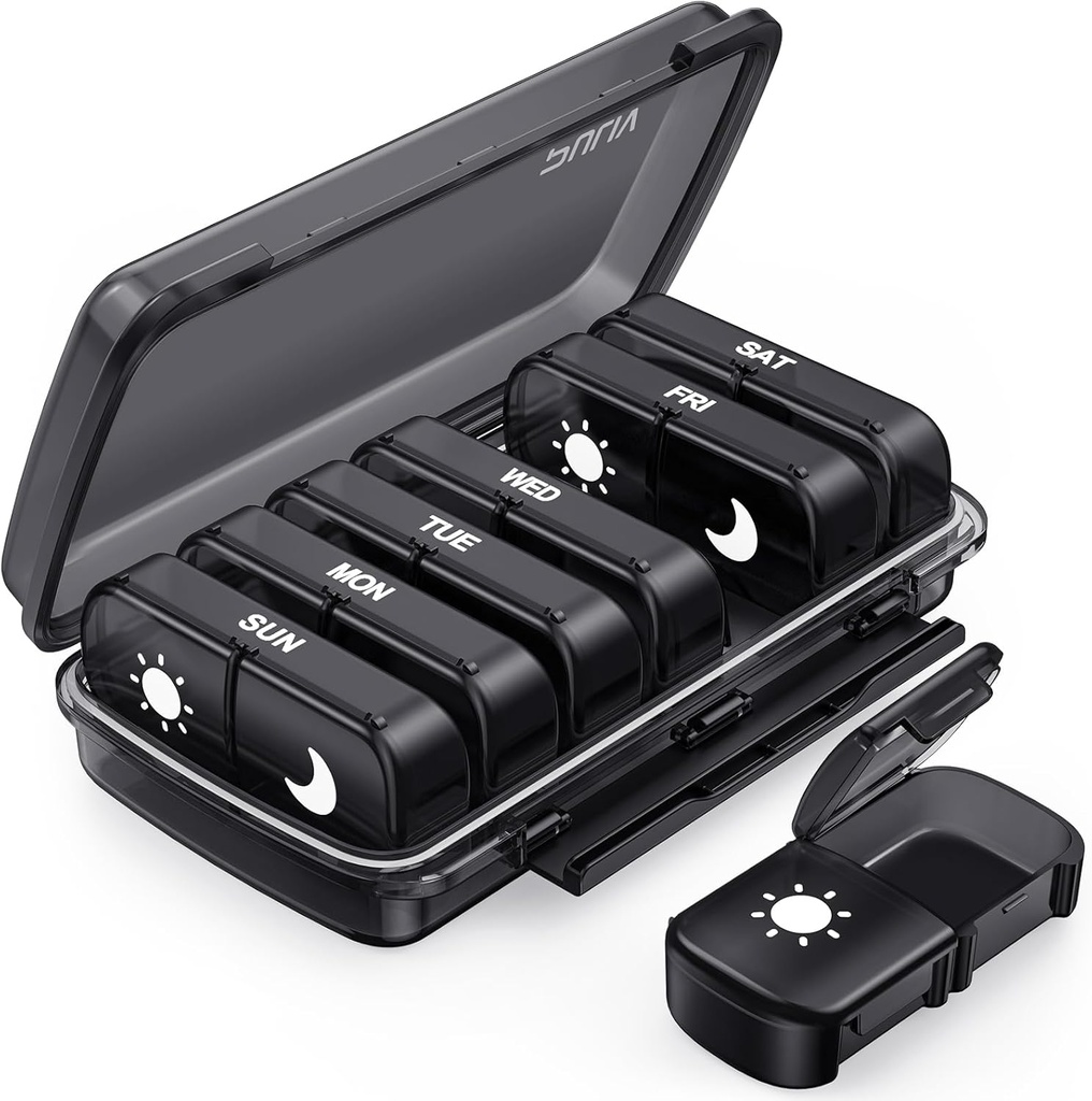 PULIV Weekly Pill Organizer 7 Day 2 Times a Day, Black Damp-Proof AM PM Pill Box 7 Day, Pill Case med portabel design, stor medicin Organizer för vitaminer, mediciner, fiskoljor, tillägg