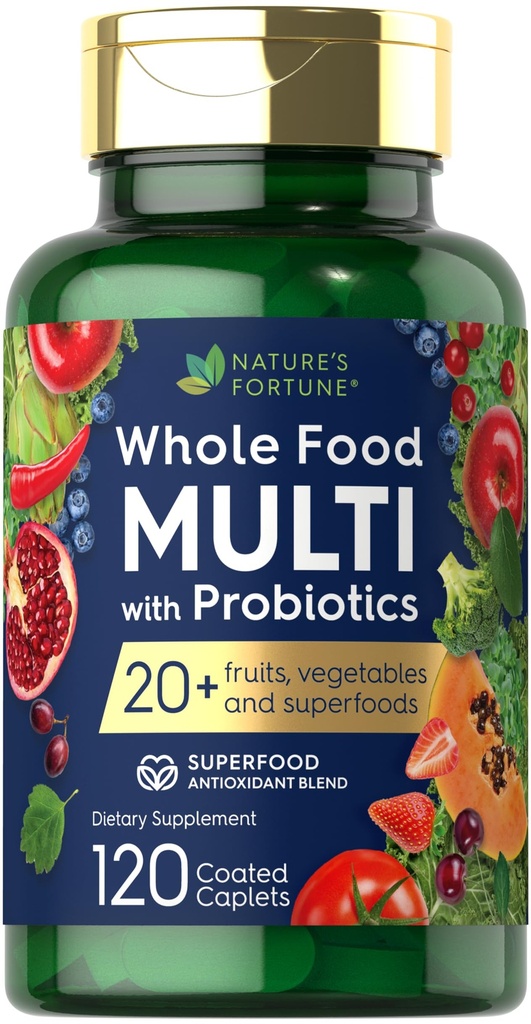 Nature's Fortune Whole Food Multivitamiini Probiootit ... 120 Päällystetty Caplets... 20 hedelmää ja kasviksia...