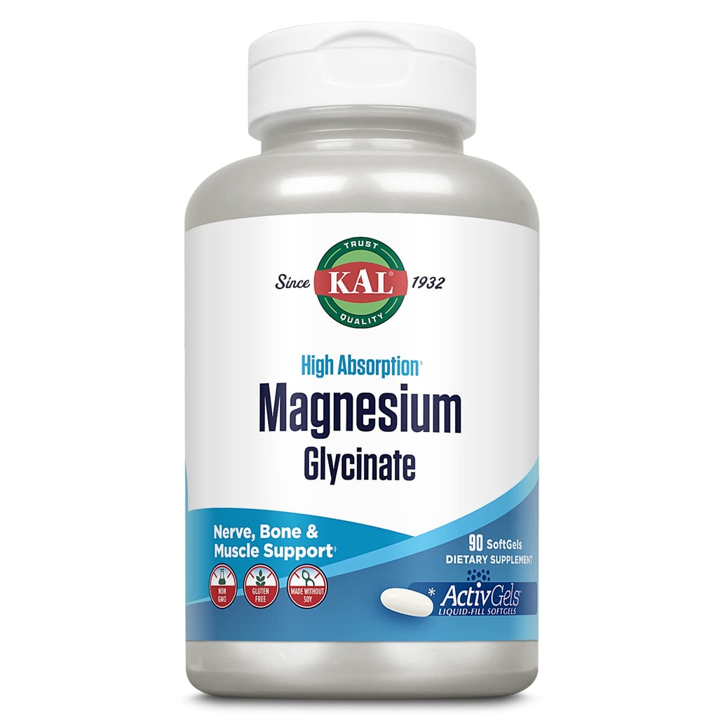 KAL Magnesium Glycinate ActivGels 315mg, suuri imeytyminen Magnesiumlisä lihakseen, hermoon ja luustoon, ei-muuntogeenisiin aineisiin, gluteeniton, 30 tarjoilua, 90 pehmogeeliä
