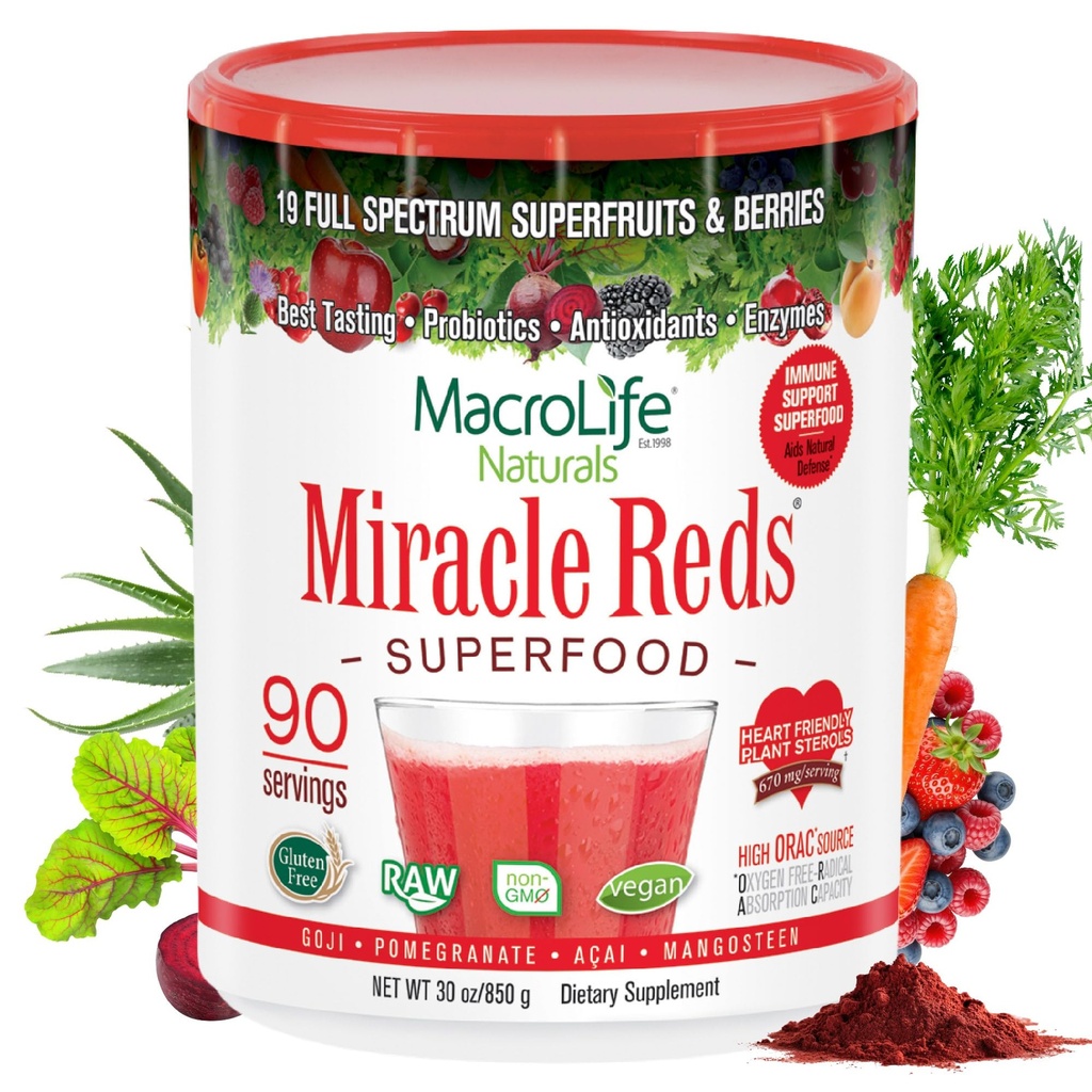 MacroLife Naturals Miracle Reds Superfood Supplement Powder Antioxidants Polyphenols Enzymes Probiotics - Raw Non-GMO Organic Vegan Gluten & Dairy Free - 30oz (90 portioner) 30oz