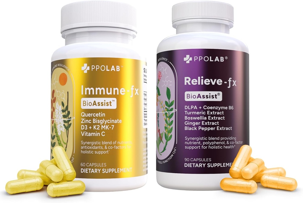 BioAssist® Relieve-Fx + Immuuni-fx, Recovery Relief Joint Detox Mood Immune Keuhko - tuki Lisätekijät, Clean Certified®, ei-GMO