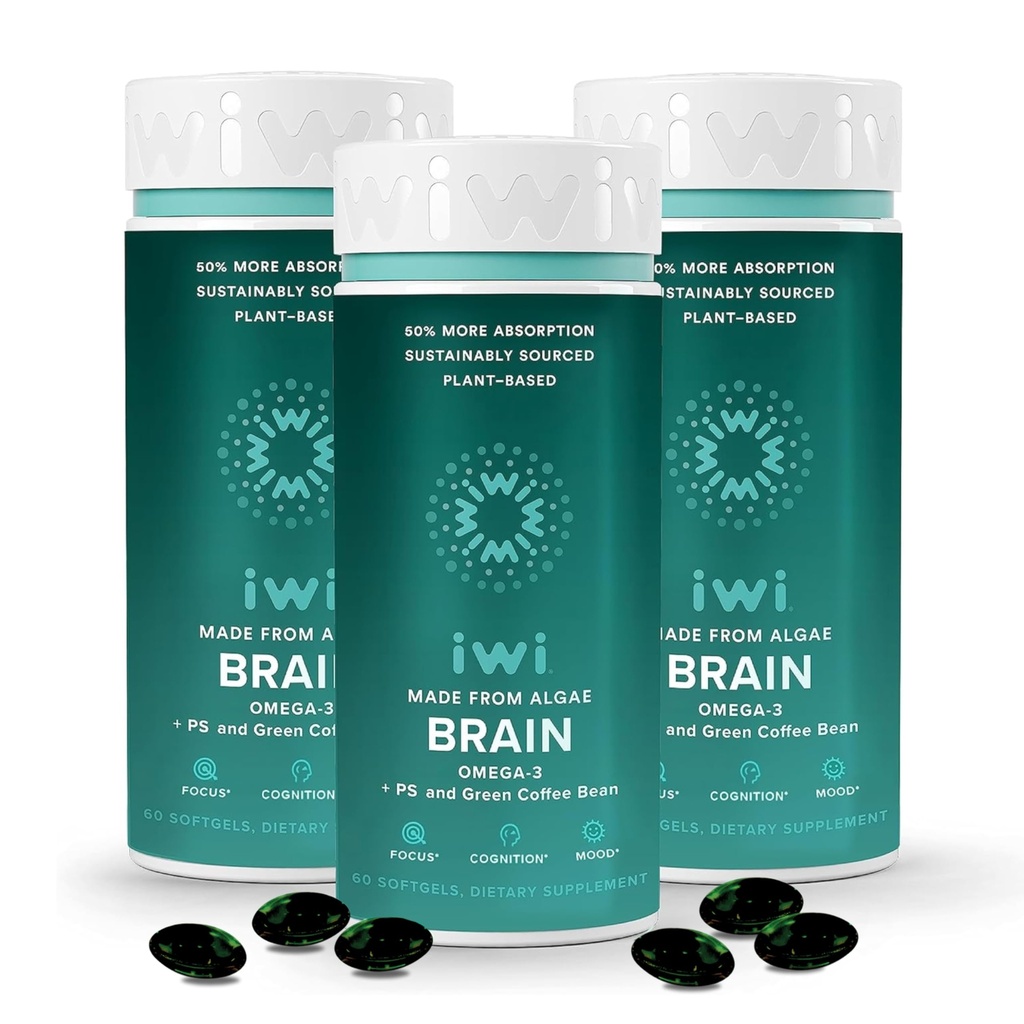 iwi life Brain Omega-3, 180 Softgels (90 tarjoilua), Vegan Plant-Based Algae Omega-3 EPA + DHA, Focus, Muisti ja Mieli Tuki Ruokavalion täydentää, Krill & Fish Oil Vaihtoehtoinen, Ei Fishy Jälkimaku