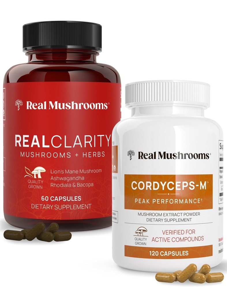Real Sienet RealClarity (60ct) ja Cordyceps (120ct) Kapselit Bundle - Sieni täydentää mielen selvyyden, keskittyä, energia ja elinvoima - Vegan, ei-GMO, todennettu tasot beta-Glukaanit