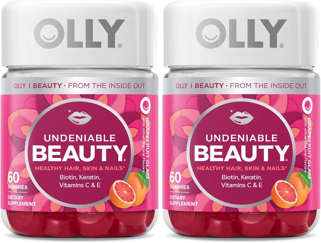 OLLY Undendiable Beauty Gummy, hiuksille, iholle, kynnet, biotiini, C-vitamiini, Keratin, purutabletti, Greippi, 30 päivän tarjonta - 120