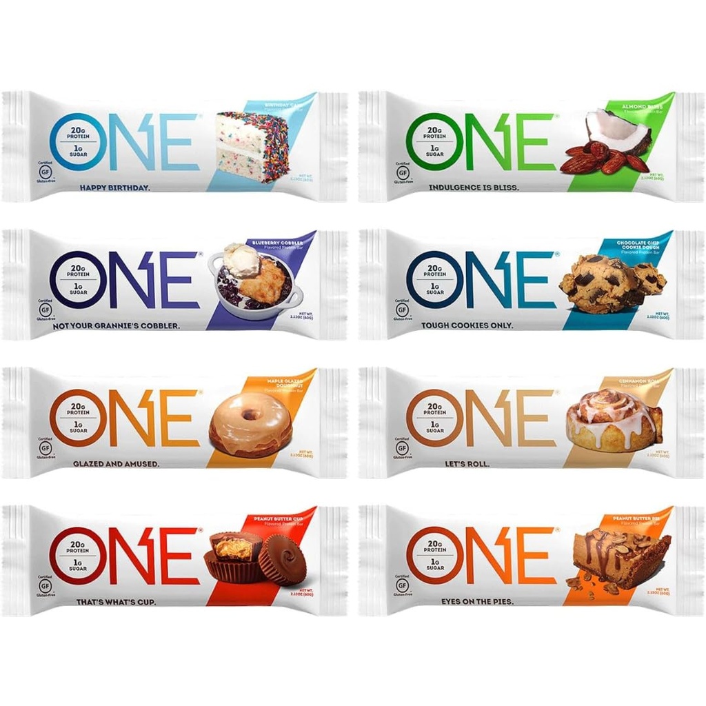ONE Proteiinipatukat, näytteenottaja Variety Pack, gluteeniton 20 g proteiinilla ja 1 g sokerilla, ruokakomero nitoja, 2.12 oz (8 kreivi)
