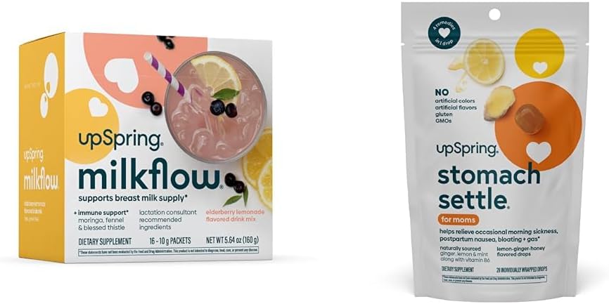 UpSpring Stoach Settle Drops, Honey Flavour, 28 Ct+Milkflow Imetys täydentää Drink Mix Moringa & Siunattu Thyttle, Ei Sarviapila ...