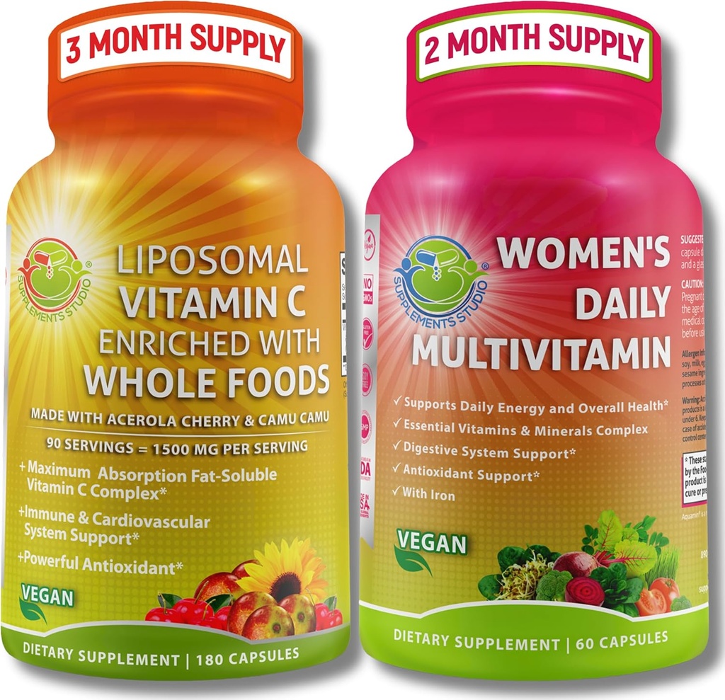 Antioksidantti ja immuniteetin tuki Bundle - liposomaalinen C-vitamiini 1500 mg Luomu Acerola Cherry & Camu Camu + naisten päivittäin monivitamiini rautaa, superruokaa, Probiootit ja entsyymit Vegaani, ei-GMO