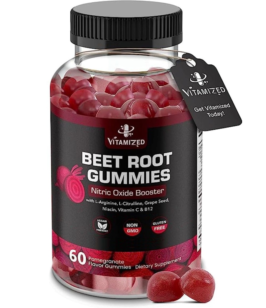 Beet Root Gummies - Super Nitric Oxide Beets Supplement - Red Beetroot Heart Chews med Grape Seed Power & B12- Pomegranat smak, 60 Chewables Beets