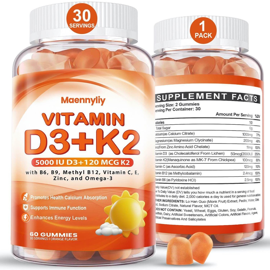 D3 K2 -vitamiinia aikuisille - D3 5000IU + K2 (MK-7) 120mcg - sokeriton D3 ja K2 lisäravinteet Omega-3, metyyli B12, B9, B6, vitamiinit E & Sinkki - kalsiumin imeytymiseen ja immuuniterveyteen