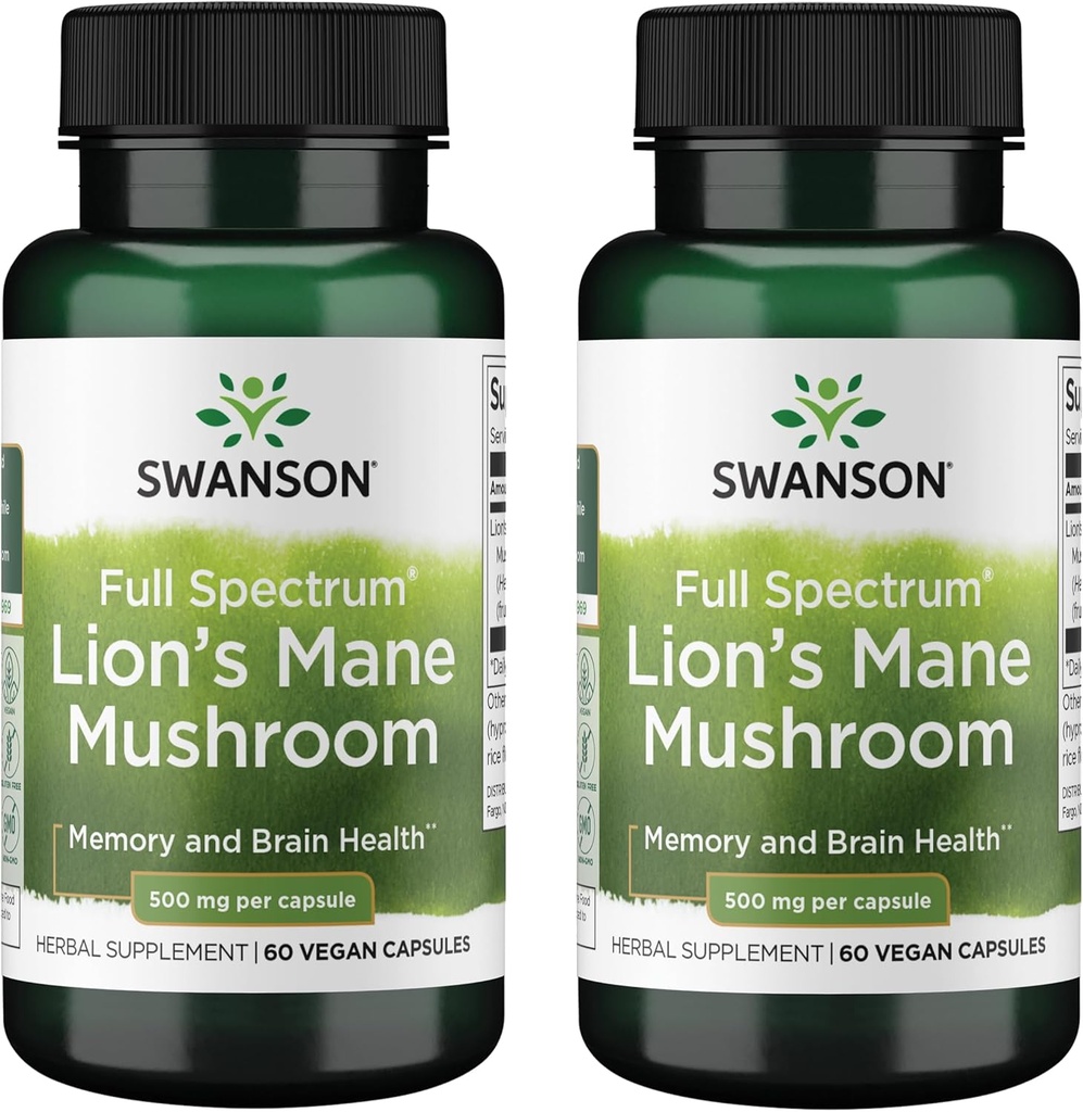 Swanson Full Spectrum Lion's Mane Mushroom - Brain Health Supplement för att stödja minne, fokus och klarhet * - Kan också hjälpa immun, hjärta och matsmältningshälsa - Glutenfri och icke-GMO - 60 kapslar (2 Pack)