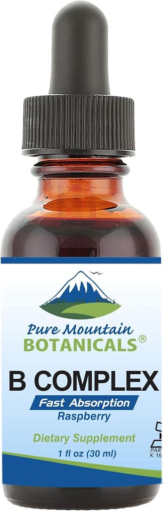 Pure Mountain Botanicals Liquid Vitamin B Complex - Raspberry Flavor Kosher B Complex Vitamin med B12, B6, Thiamin, Biotin, Niacin - 1oz Bottle