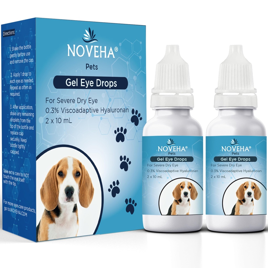 NOVEHA Pet Gel Eye Drops 0,3% Viscoadaptive Hyaluronan ... Eye Solution for Serious Dry Eyes - Long Kestävyys Hydraation, vähentää Nuisance, turvotus ja kuivuus - silmäluoli koirille ja kissoille (2x10ml)