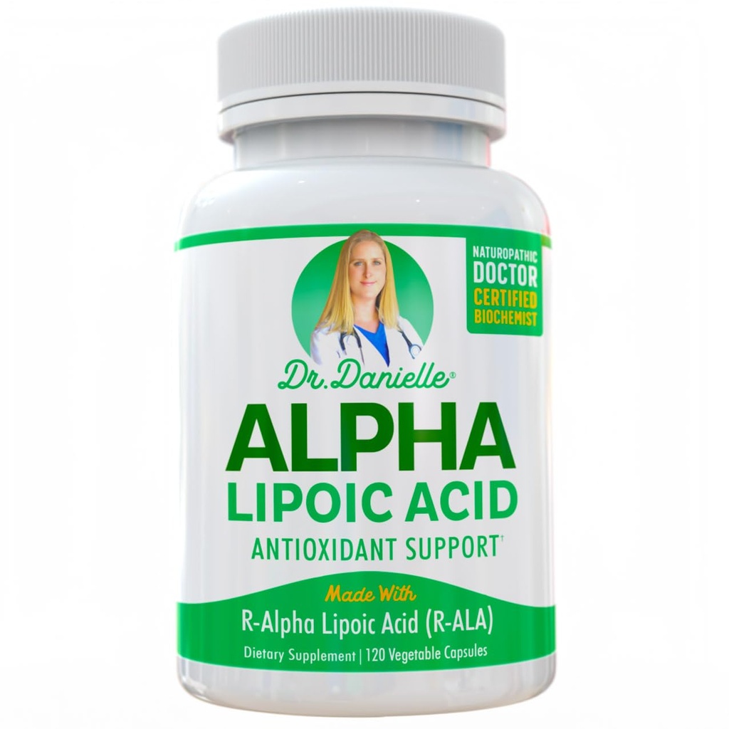 Alpha-Lipoic Acid by Dr. Danielle, Neuropatia Support, Ei-GMO, Gluteeniton, Vegaani, Soy-free, edistää terveellistä verensokeria, Alpha R Lipoic Acid R-ALA, R-ALA, 120 Veggie Caps