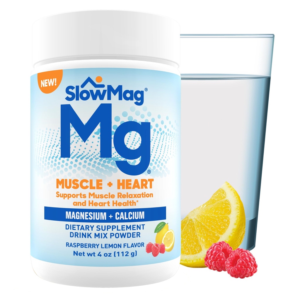 SlowMag® Magnesiumjauhe, magnesium + kalsiumlisä Drink Mix, Vadelma sitruuna maku, tukee lihasten rentoutumista ja sydämen terveys, 4oz