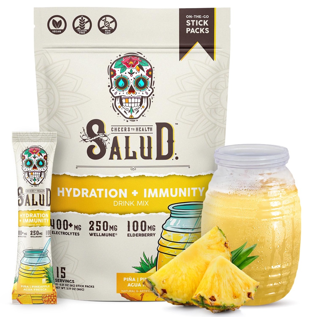 Salud 2-in-1 Hydration Packets + Immuniteetti Elektrolyyttejä Powder, Ananas - Agua Fresca Drink Mix, Elderberry, Dairy & Soy Free, Ei-GMO, Gluteenittomat, Vegan, Low Calorie, 1g sokeria (15 tarjoilua)