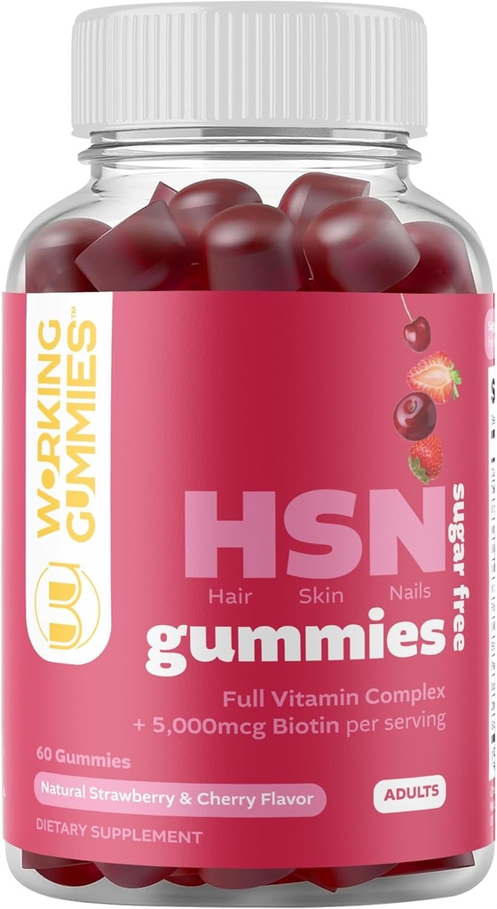 HSN Gummies - hiukset iho ja kynnet Gummies - sokeriton Biotin Gummies 5000 mcg Full Vitamiini monimutkainen hiusten kasvua, terve iho, kynsien vahvuus - 60 Ct Mansikka & kirsikka maku