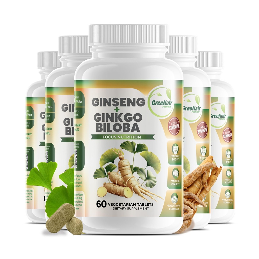 GreeNatr Ginko Biloba & Panax Ginseng täydennysosa - Punainen Ginseng muistille ja keskittyä - Ginkgo Biloba hyvän näön, immuunijärjestelmän ja parannettu veren virtaus (360 tablettia: 6 pulloa)