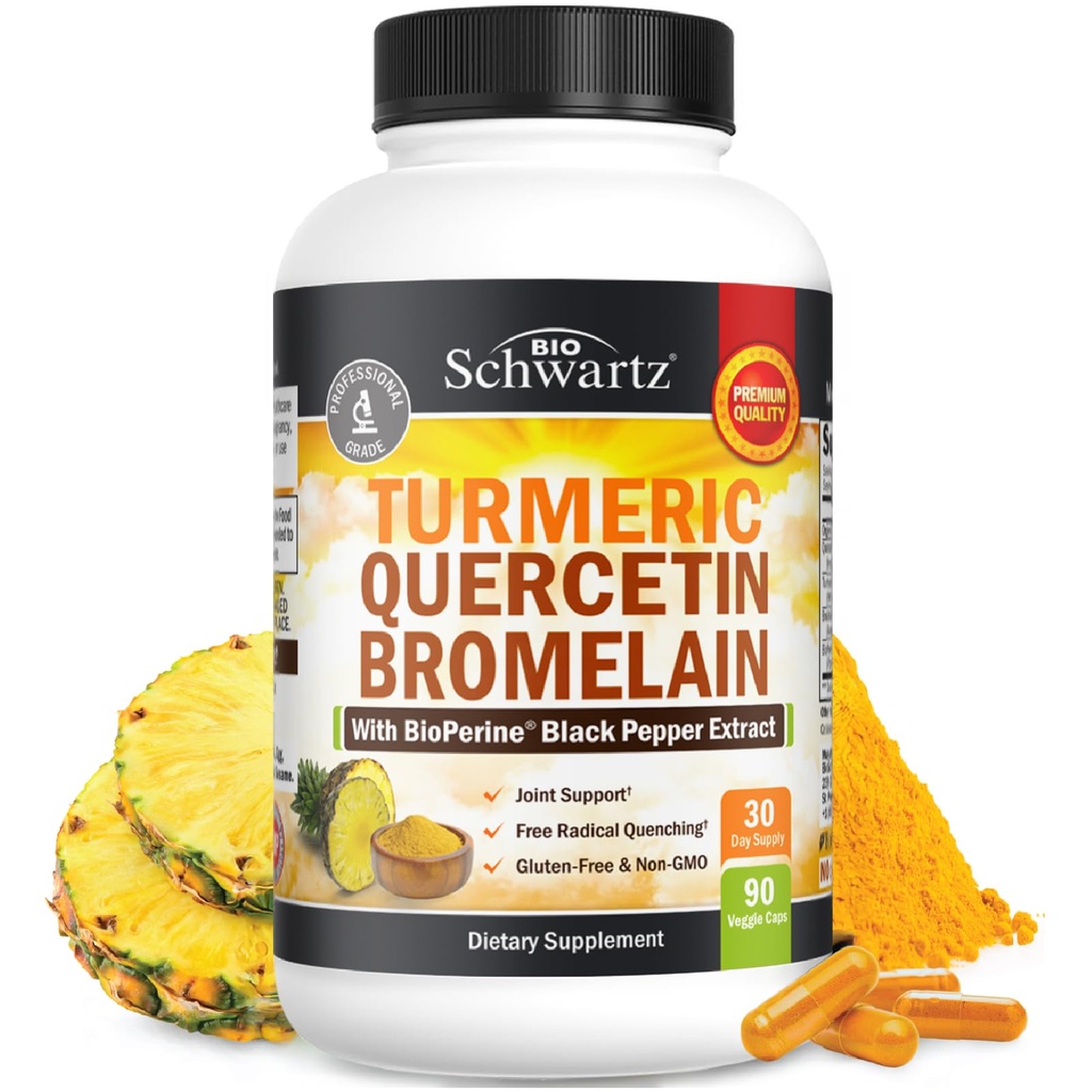 Gurkmeja Quercetin med Bromelain Supplement - Natural Extra Strength Immune och Joint Support med BioPerine Black Pepper för Max Absorption - Organic Tumeric Bromelain Supplement Vegan Safe, Non-GMO