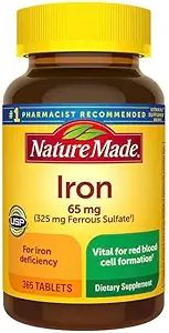 Nature Made Iron 65 mg 365 tabletter (325 mg Ferrous Sulfate), Dietary Supplement för Red Blood Cell Support, 365 tabletter, 365 Day Supply- Bundled med nalkotSupliments Guide