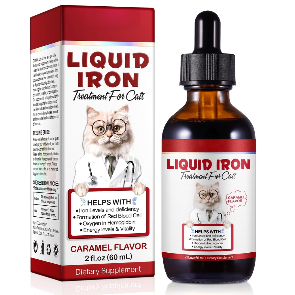 Flytande järn för katter, flytande järndroppar för katter stöder anemi, låga energinivåer och letargikatter - förbättra energinivåer och vitalitet, Pet Supplies Cat Vitamin Supplement, karamell smak - 2 fl.oz