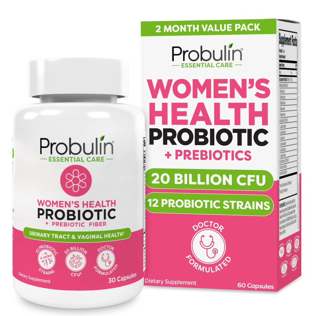 Probulin Womens Probiotic - Vaginal, UT, Gut & Immune Health med Lactobacillus Reuteri - 20 miljarder CFU, 12 Probiotiska Strains & Prebiotika - 60 Vegan, Gluten Free Capsules för Whole-Body Wellness