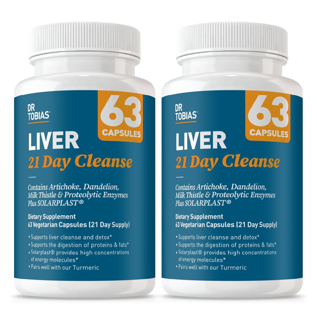 Tobias Liver 21 Day Cleanse, Herbal Liver Detox Cleanse with Solarplast, Artisoke Extract, Milk Thistle, Dandelion Extract & Digestive Enzymes, 63 Vihanneskapselit, 3 Päivittäinen, Pakkaus 2