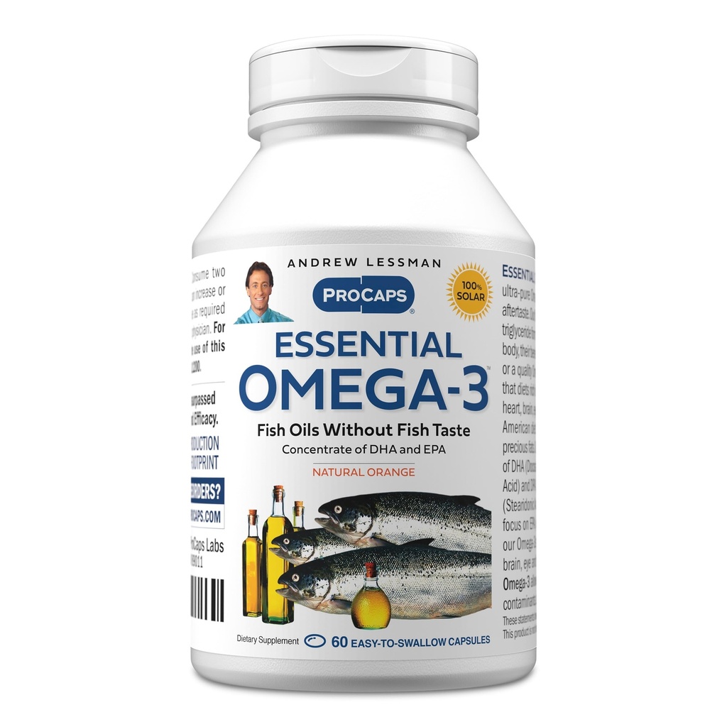 Andrew LESSMAN Essential Omega-3 Orange - 60 Softgels - Ultra-Pure, High Potency Omega-3 Oils. Korkea DHA, ei vatsavaivoja, ei tuholaisia, ei elohopeaa. Pieni Helppo niellä Softgels