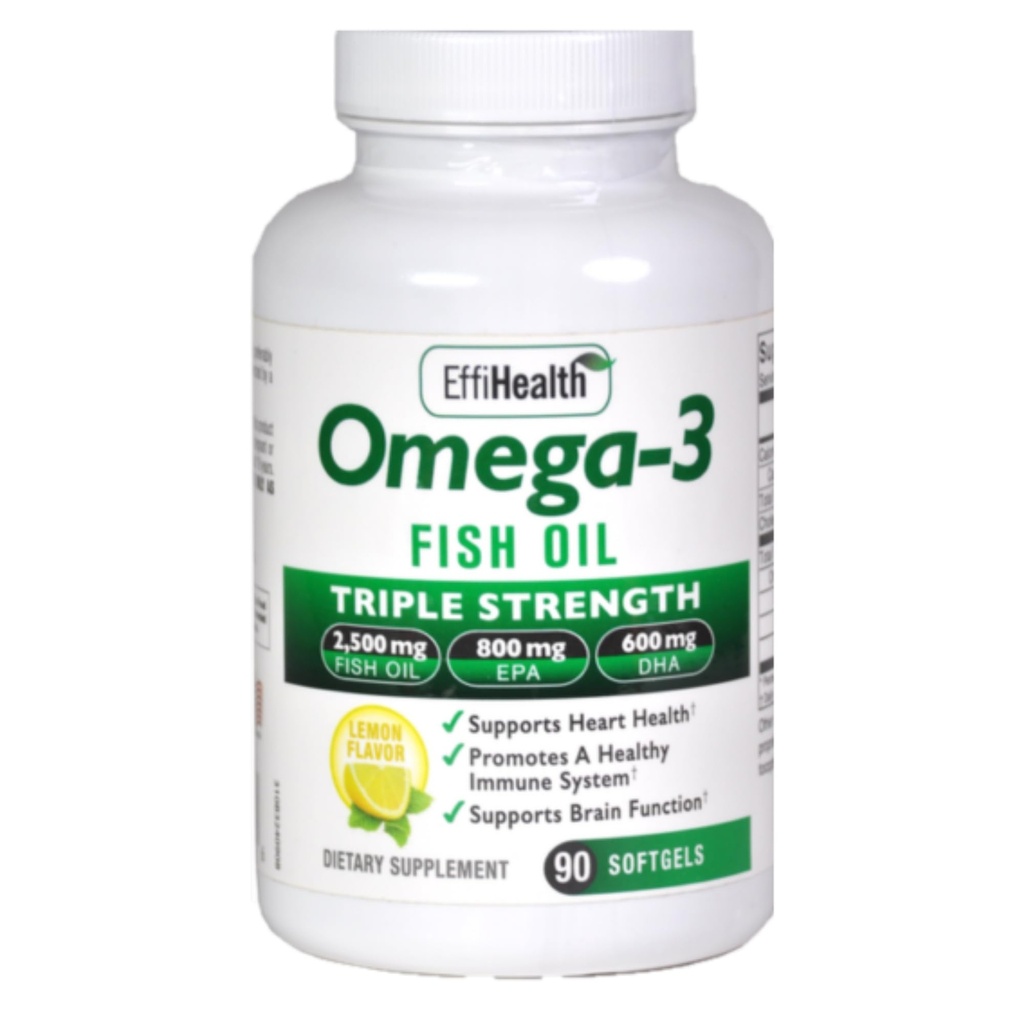 EffiHealth Omega-3 Fish Oil - Triple Strength 2500mg Fish Oil, 1200mg EPA, 600mg DHA - stöder hjärthälsa, hjärnhälsa och immunsupport - Lemon Flavor, Burpless Fish Oil