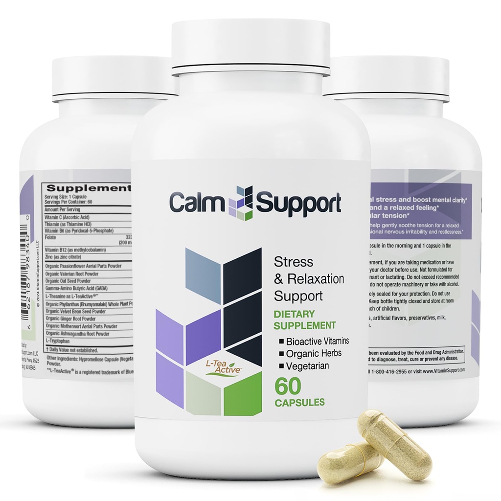 CalmSupport: Stressi ja rentoutuminen Support - Ashwagandha, intohimo kukka, Valerian juuri, inkivääri, GABA, Velvet Bean, Äititarha, Kaura siemen, Phyllanthus, L-Theanine, L-tryptofaani, Folaatti, C,B1,B6,B12,Zinc