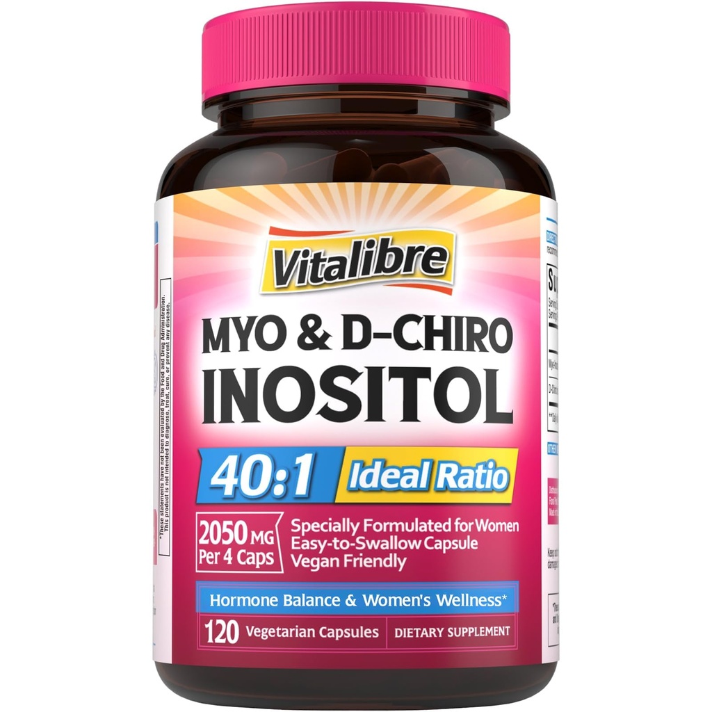 Inositoli Supplement, Myo-Inositoli & D-Chiro Inositoli Hedelmällisyys täydentää naisille, 40:1 Ihanteellinen suhde, Hormonitasapaino ja munasarja tuki, 120 Vegaani kapselia