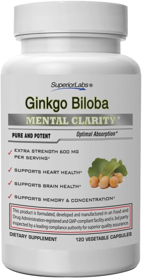 SuperiorLabs Ginkgo Biloba 1200 mg, ei-GMO, Black Pepper for increased Imeytyminen, Ginkgo Extract, Parantaa muistia ja keskittymistä, verenkiertoa tehoste, luonnollinen antioksidantti Nootrooppinen, 120 Veg Caps