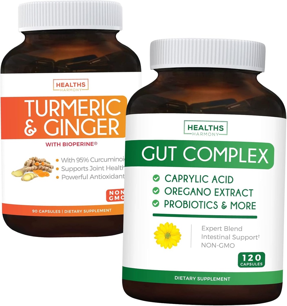 Tallenna $ 11 (23% pois) - Gut Balance Bundle - Gut Complex with Caprylic Acid for Balanced Gut Health & Probiotic Support (120 kapselia) & Turmeric & Inkivääri 95% Kurkumanoidit & Bioperine (90 kapselia)