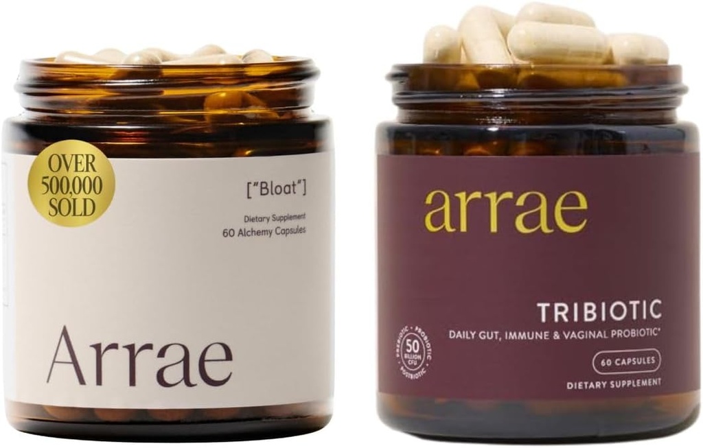 Arrae Bloat + Tribiotic Bundle, Bloating Relief Digestive Enzymes, Gas & Indigestion Relief, Probiotika för kvinnor, stöd för vaginal pH Balance, Immune och Feminine Health, 60 kapslar