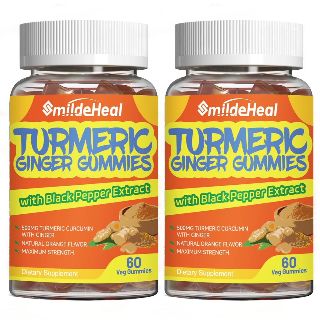 Turmeric Curcumin Gummies 500mg, Turmeerinen juuriuute, inkivääri juuri, Black Pepper Extract, antioksidantti tuki, Orange Flavor Gummies, 60 Count (Pack of 2)