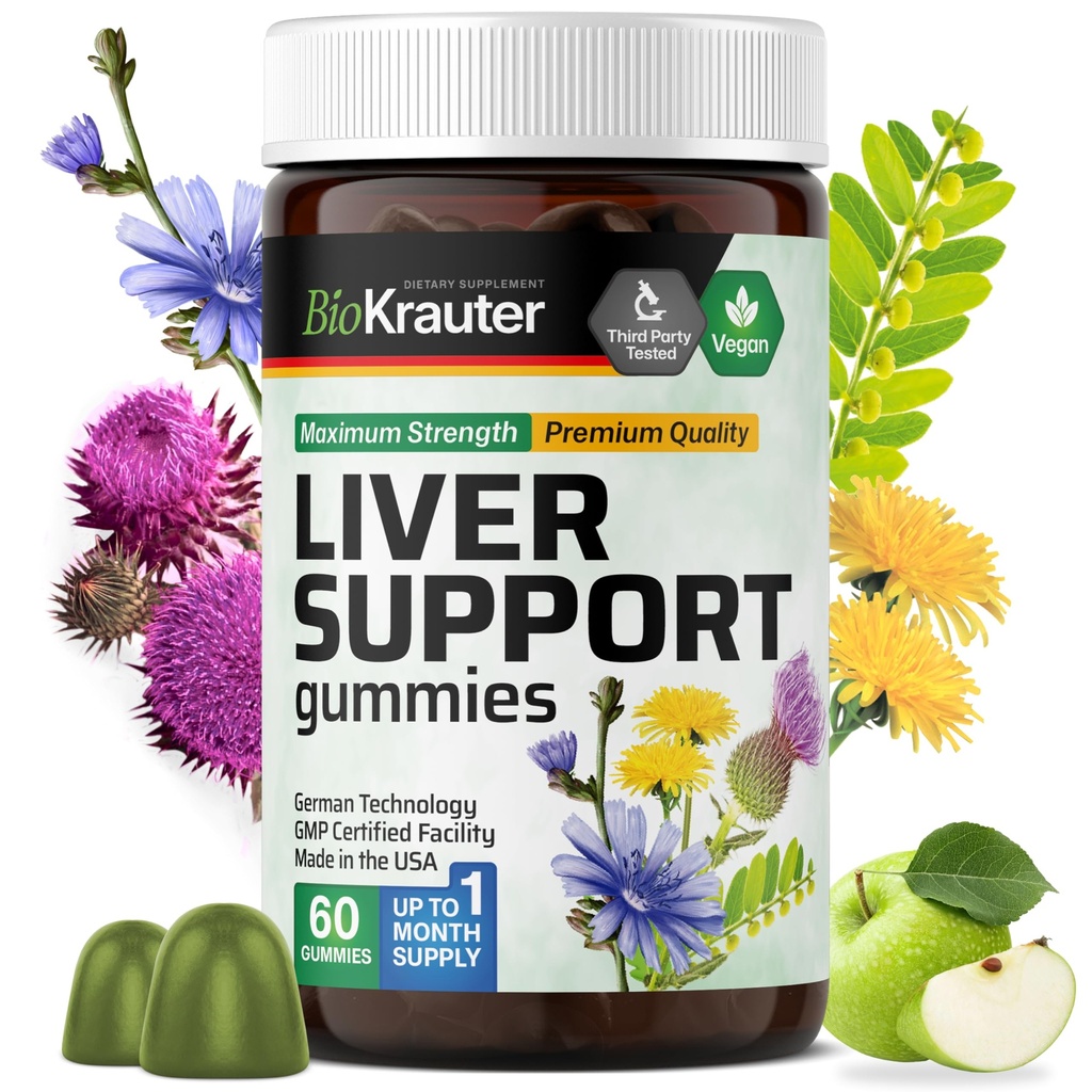 BIO KRAUTER Liver Supplement Gummies - 60 Vegan Chews w/Milk Thistle, Voikukka juuri maksan Cleanse & Detox - 80% Silymarin