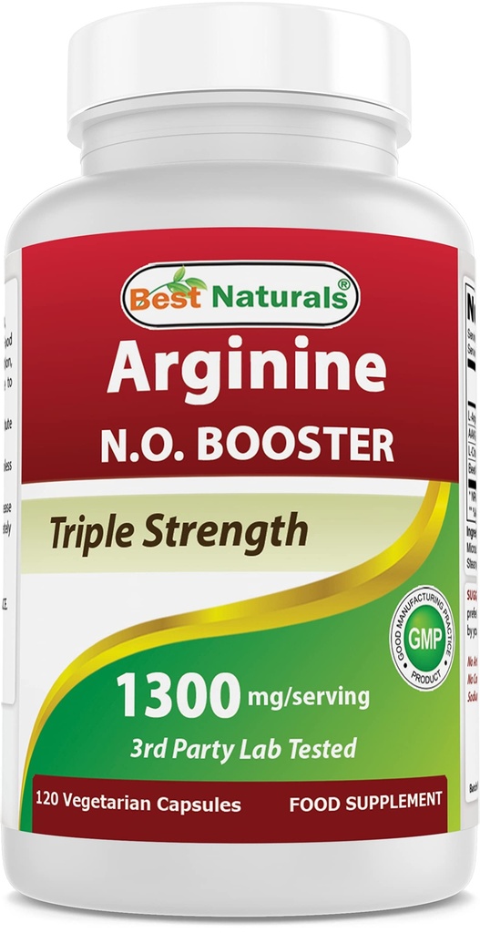 Bästa Naturals L-Arginine NO Booster Triple Strength 1300 mg Servering 120 Veg Capsules - Tillverkad med L-Arginin, AAKG, L-Citrulline, Beet Powder