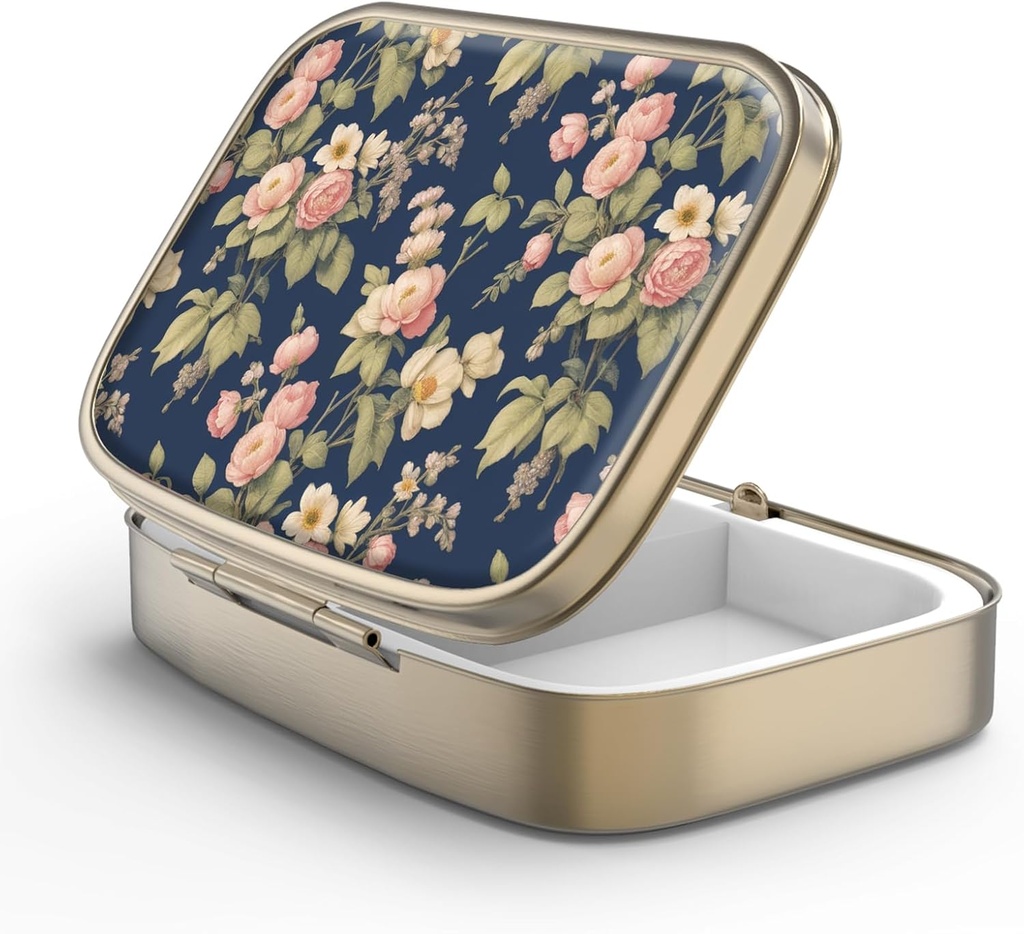 Pill Case Pill Box med Mirror Retro 2 Compartment Small Pill Case för väska eller ficka brons rektangulär pillåda eller vitaminer, fiskolja, tillskott, piller Containe Travel Gifts (Retro Rose Floral)